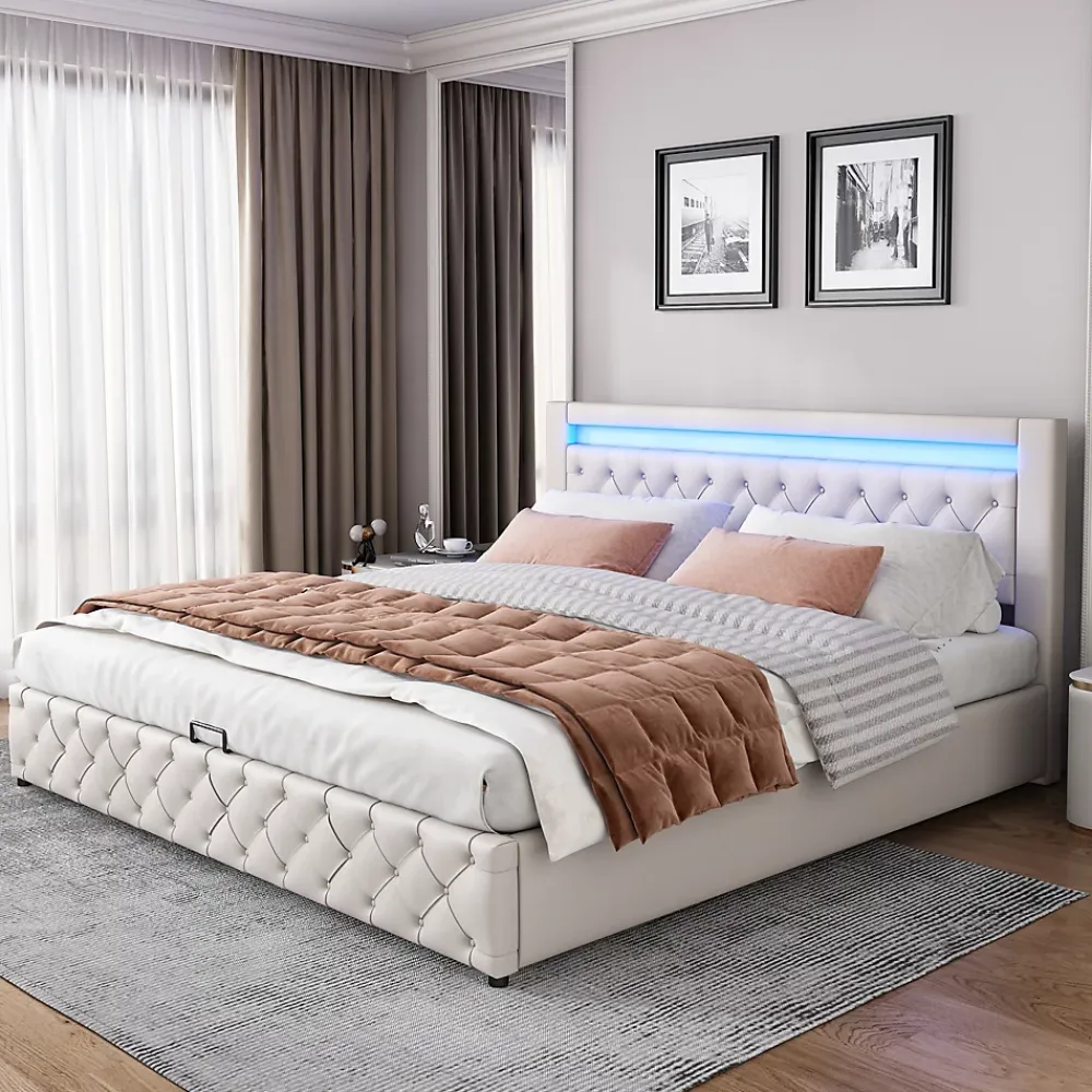 Redom Lit 180x200 cm avec rangement sous sommier et tête de lit rembourrée en PU, design moderne et élégant* Lit Avec Rangement