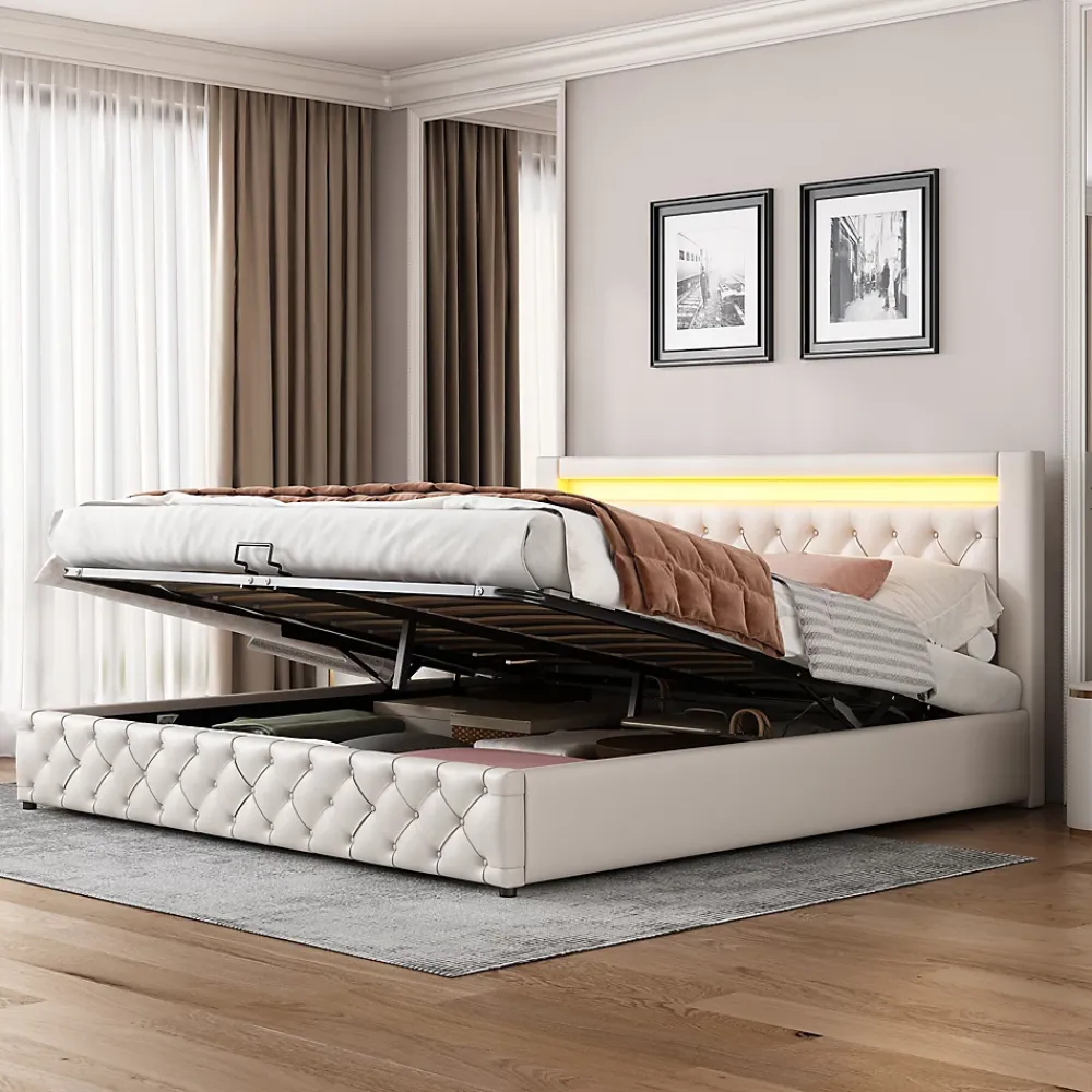 Redom Lit 180x200 cm avec rangement sous sommier et tête de lit rembourrée en PU, design moderne et élégant* Lit Avec Rangement