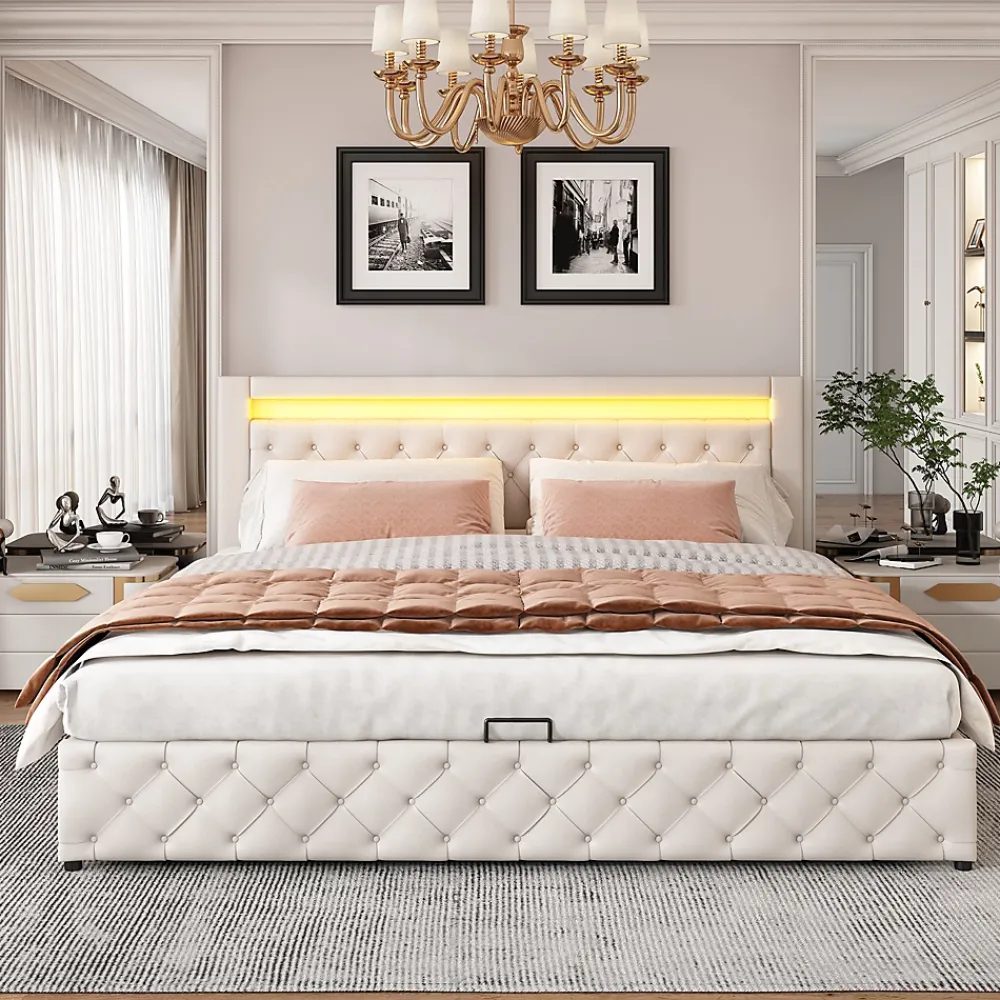 Redom Lit 180x200 cm avec rangement sous sommier et tête de lit rembourrée en PU, design moderne et élégant* Lit Avec Rangement