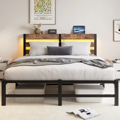 Lit 140x200 cm avec rangement sous le lit et éclairage LED RGB, cadre métal et surface boisée noir brun>Redom Discount