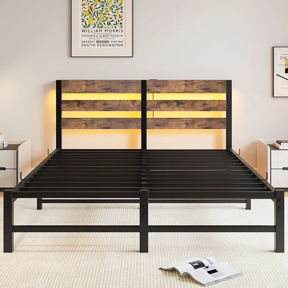Lit 140x200 cm avec rangement sous le lit et éclairage LED RGB, cadre métal et surface boisée noir brun>Redom Discount
