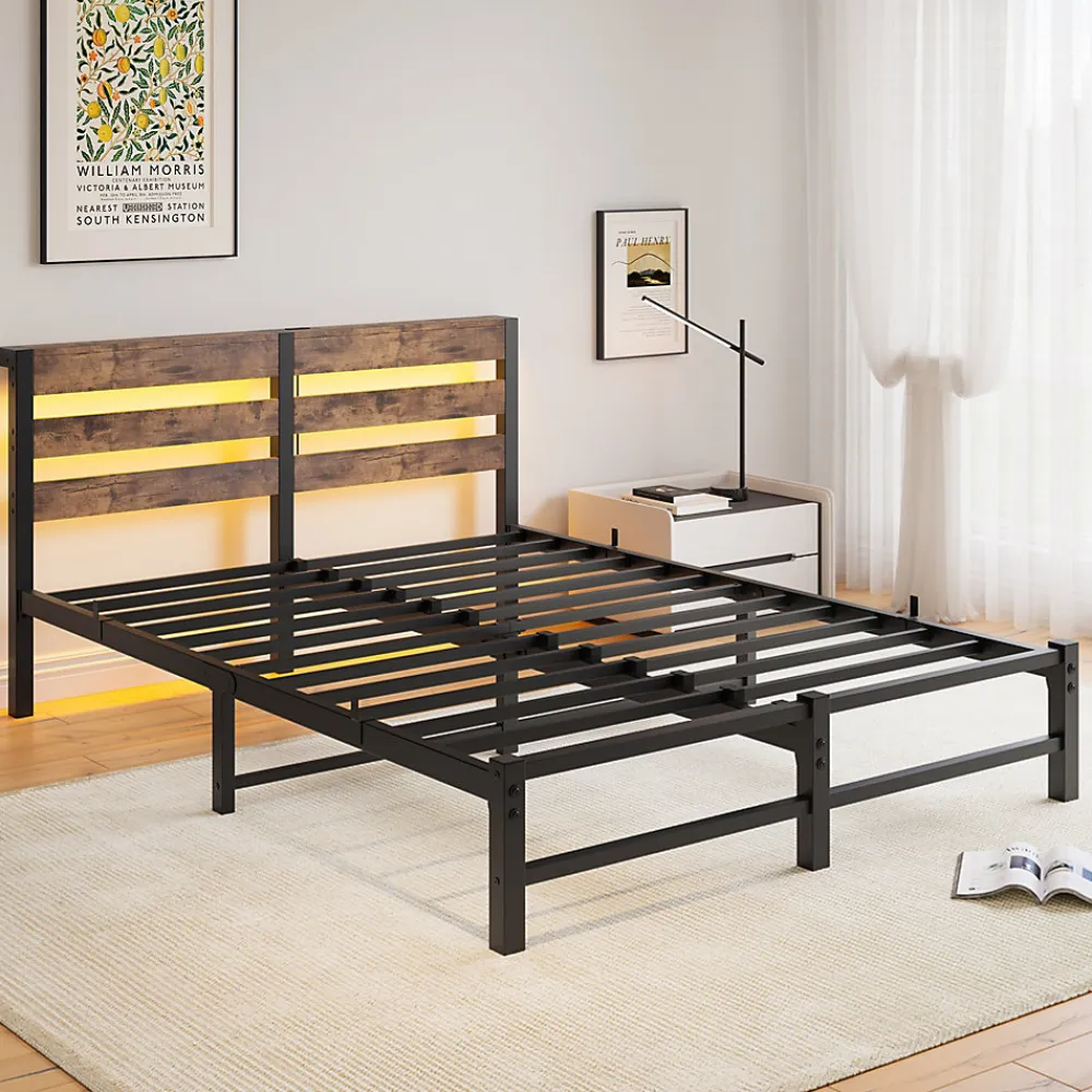 Lit 140x200 cm avec rangement sous le lit et éclairage LED RGB, cadre métal et surface boisée noir brun>Redom Discount