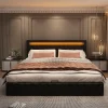 Lit 160x200 cm avec rangement, tête de lit rembourrée et éclairage LED, tapissé PU noir, sommier inclus>Redom Best