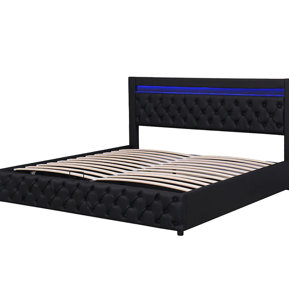 Lit 160x200 cm avec rangement, tête de lit rembourrée et éclairage LED, tapissé PU noir, sommier inclus>Redom Best