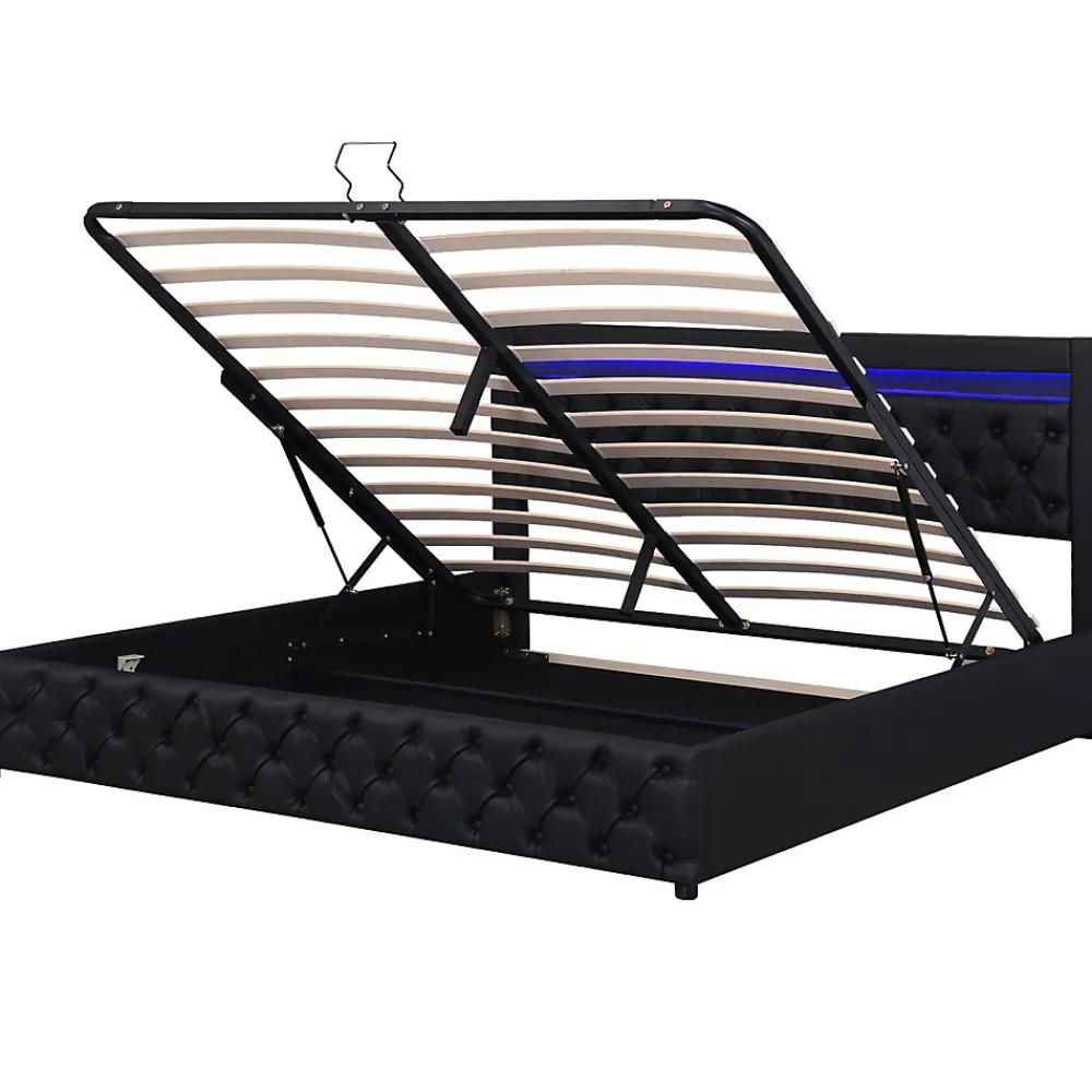 Lit 160x200 cm avec rangement, tête de lit rembourrée et éclairage LED, tapissé PU noir, sommier inclus>Redom Best