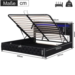 Lit 160x200 cm avec rangement, tête de lit rembourrée et éclairage LED, tapissé PU noir, sommier inclus><noscript><img width=