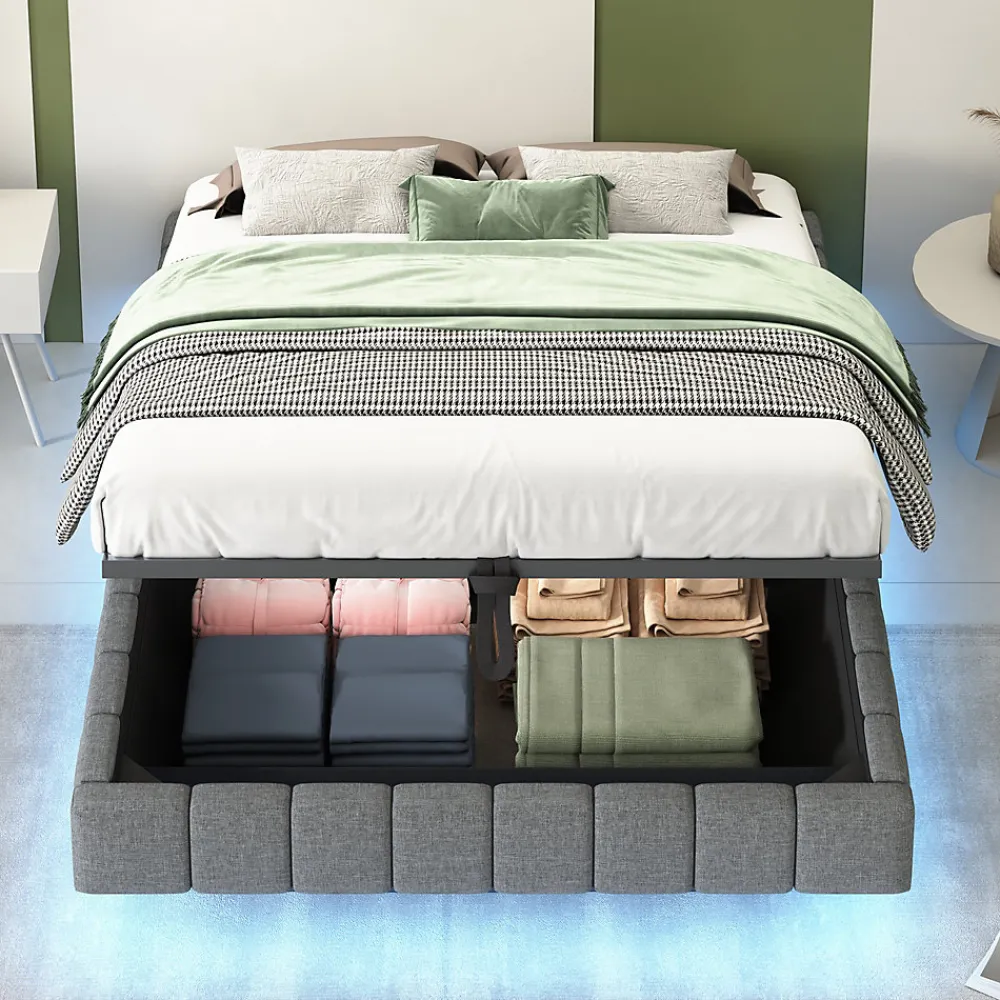 Lit 140x200 cm avec rangement, tapissé lin gris, éclairage LED multicolore intégré, sans tête de lit>Redom Discount