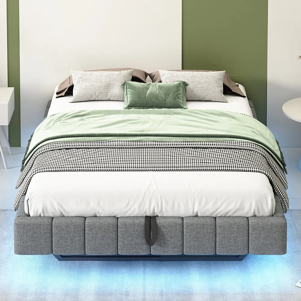 Lit 140x200 cm avec rangement, tapissé lin gris, éclairage LED multicolore intégré, sans tête de lit>Redom Discount