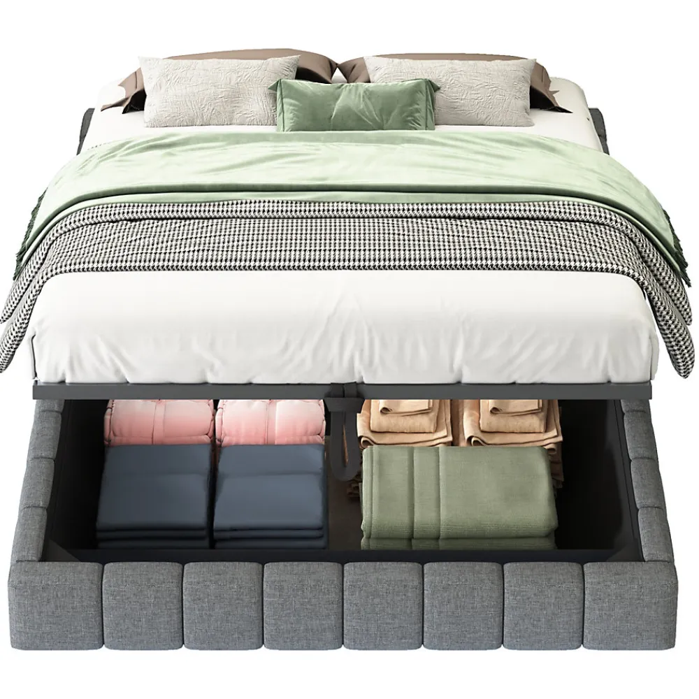 Lit 140x200 cm avec rangement, tapissé lin gris, éclairage LED multicolore intégré, sans tête de lit>Redom Discount