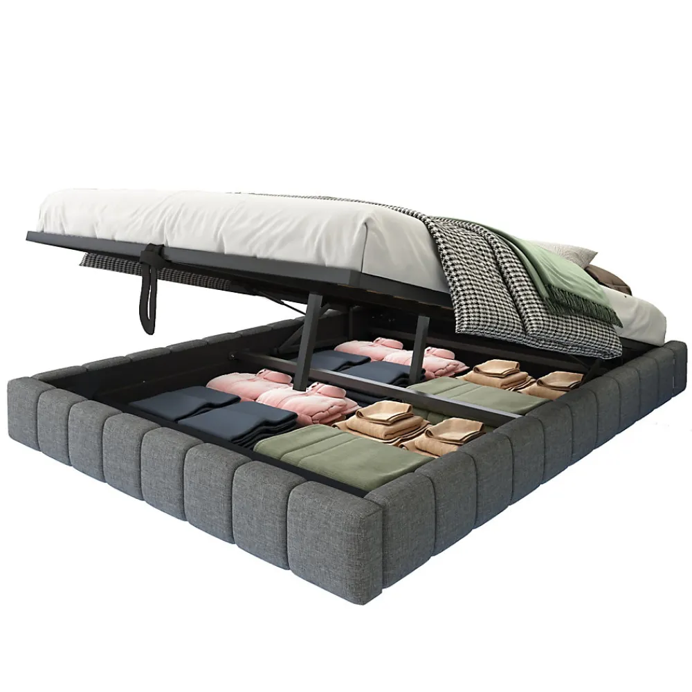 Lit 140x200 cm avec rangement, tapissé lin gris, éclairage LED multicolore intégré, sans tête de lit>Redom Discount