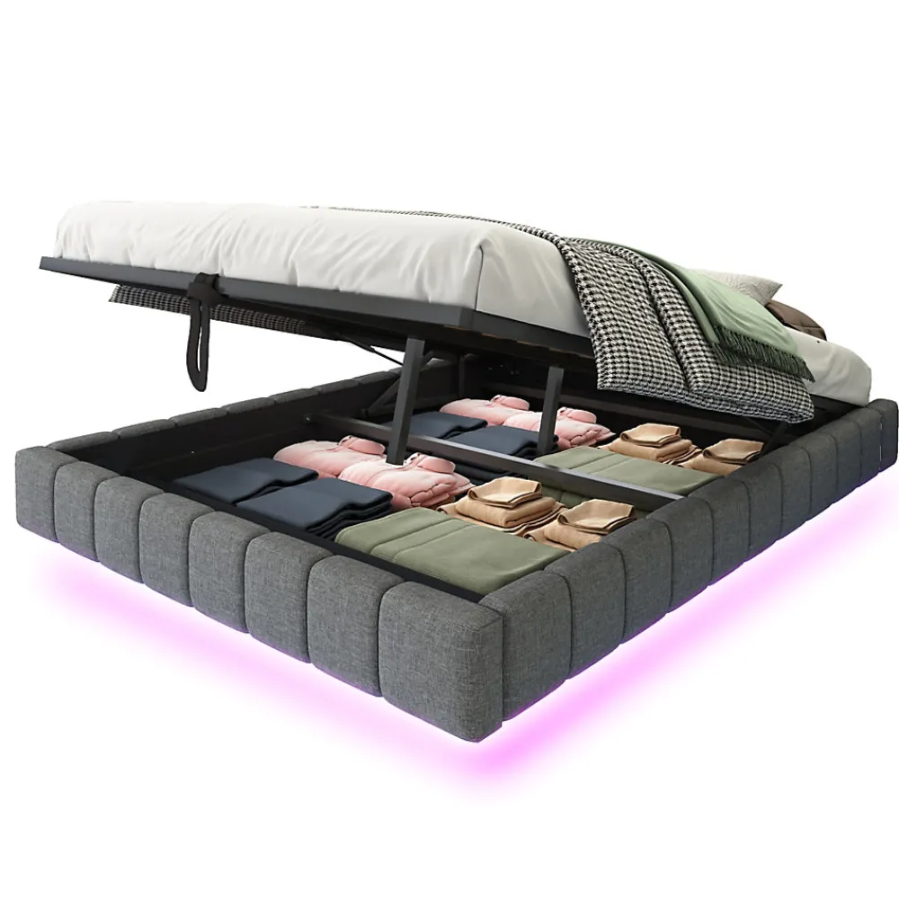 Lit 140x200 cm avec rangement, tapissé lin gris, éclairage LED multicolore intégré, sans tête de lit>Redom Discount