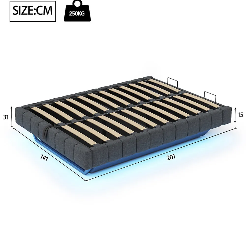 Lit 140x200 cm avec rangement, tapissé lin gris, éclairage LED multicolore intégré, sans tête de lit>Redom Discount