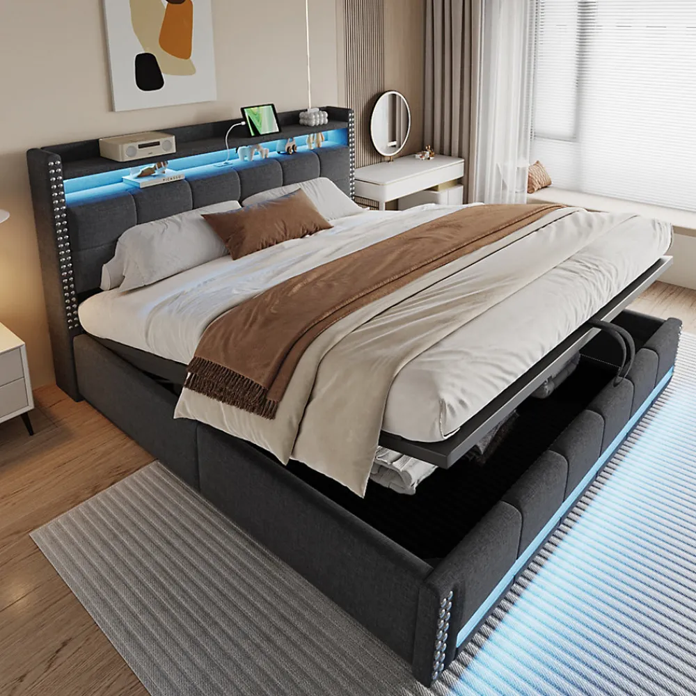 Lit 180x200 cm avec rangement, tête de lit éclairée led et revêtement en lin gris, système hydraulique>Redom Sale