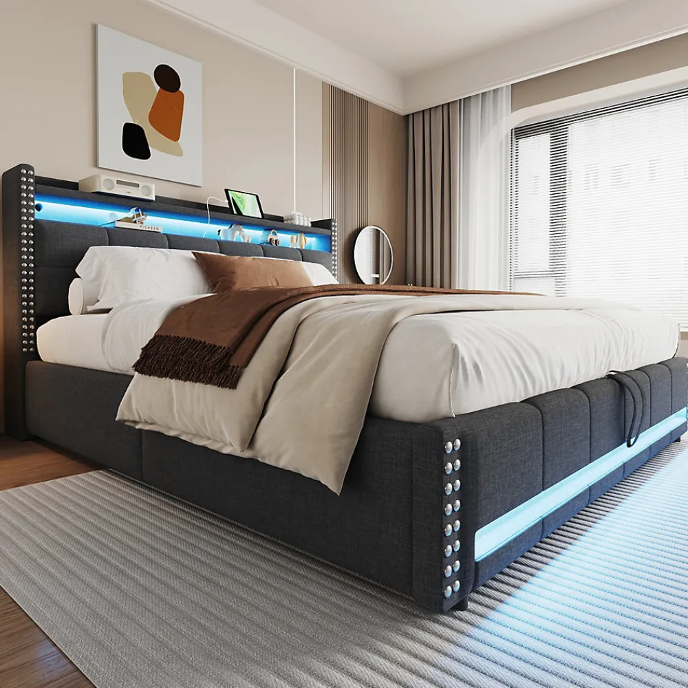 Lit 180x200 cm avec rangement, tête de lit éclairée led et revêtement en lin gris, système hydraulique>Redom Sale