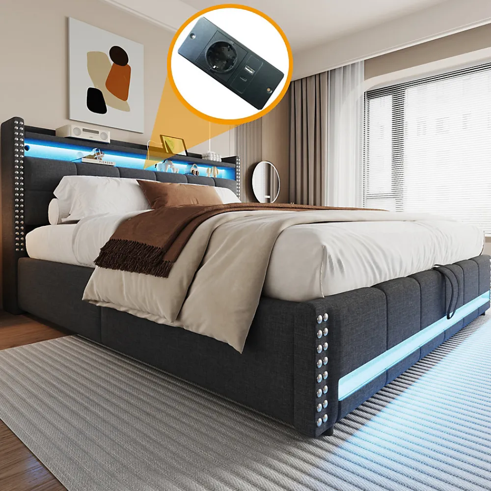 Lit 180x200 cm avec rangement, tête de lit éclairée led et revêtement en lin gris, système hydraulique>Redom Sale
