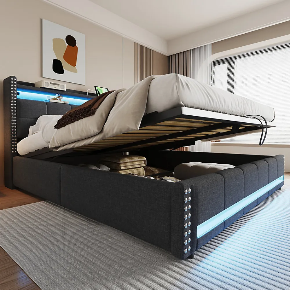 Lit 180x200 cm avec rangement, tête de lit éclairée led et revêtement en lin gris, système hydraulique>Redom Sale