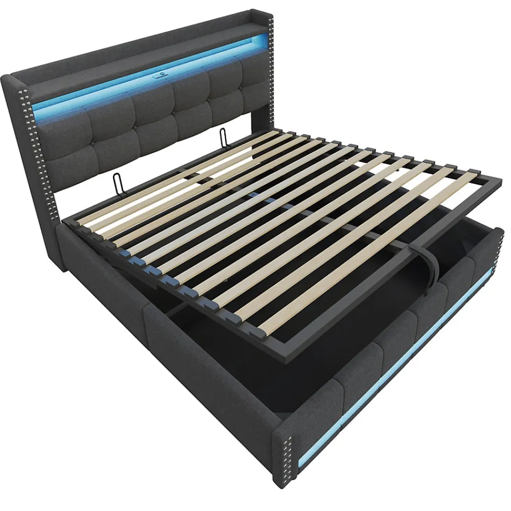 Lit 180x200 cm avec rangement, tête de lit éclairée led et revêtement en lin gris, système hydraulique>Redom Sale