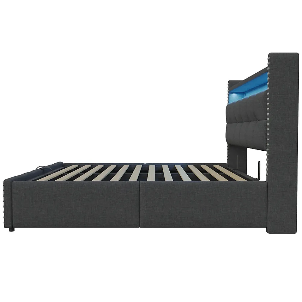 Lit 180x200 cm avec rangement, tête de lit éclairée led et revêtement en lin gris, système hydraulique>Redom Sale