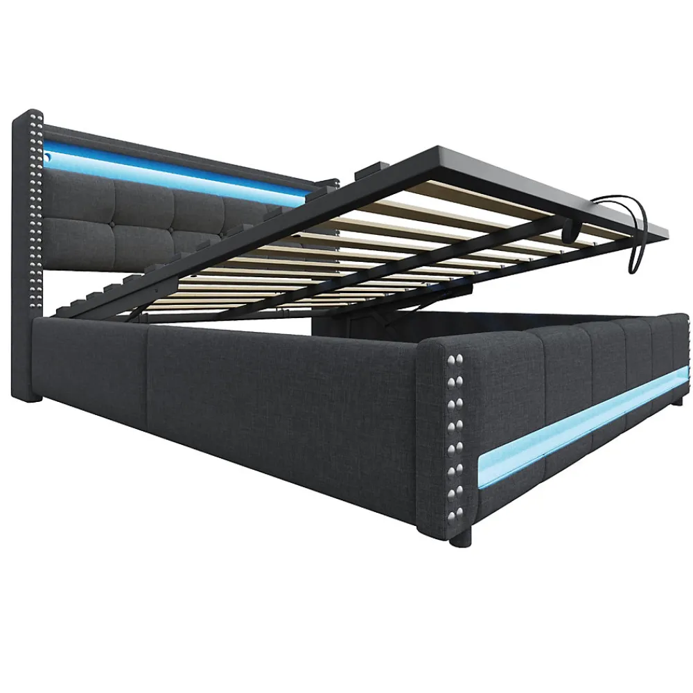 Lit 180x200 cm avec rangement, tête de lit éclairée led et revêtement en lin gris, système hydraulique>Redom Sale