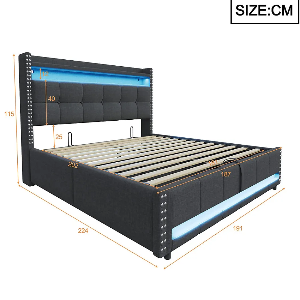 Lit 180x200 cm avec rangement, tête de lit éclairée led et revêtement en lin gris, système hydraulique>Redom Sale