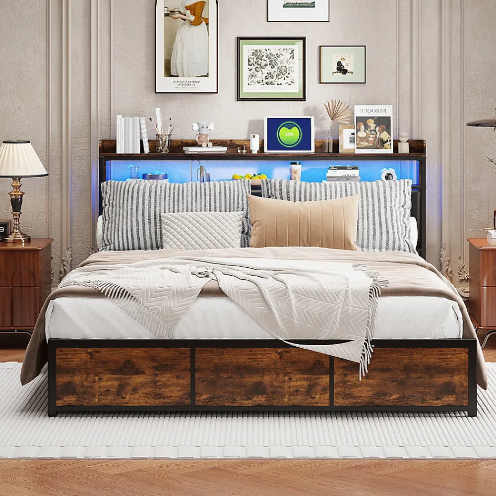 Lit 180x200 cm avec sommier à lattes, LED, 4 tiroirs, Adolescents, sans matelas>Simple Life Best