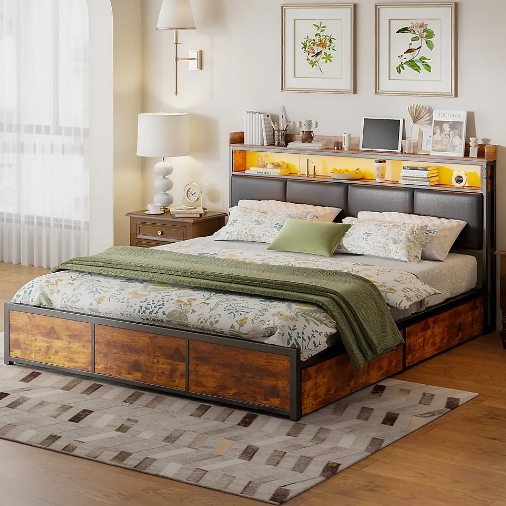 Lit 180x200 cm avec sommier à lattes, LED, 4 tiroirs, Adolescents, sans matelas>Simple Life Best
