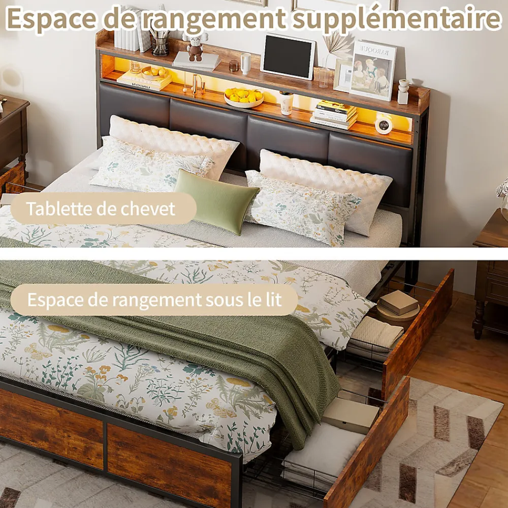 Lit 180x200 cm avec sommier à lattes, LED, 4 tiroirs, Adolescents, sans matelas>Simple Life Best