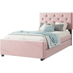 Lit 90x200 cm avec sommier à lattes et tiroir roulant, tête de lit capitonnée à boutons, tapissé velours rose><noscript><img width=