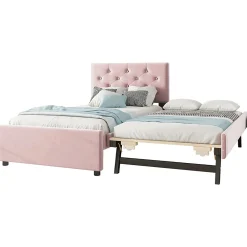 Lit 90x200 cm avec sommier à lattes et tiroir roulant, tête de lit capitonnée à boutons, tapissé velours rose><noscript><img width=