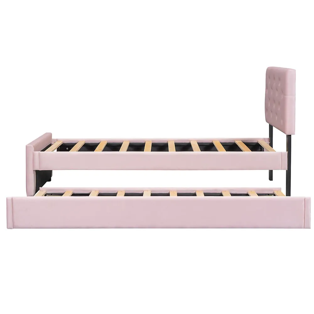 Lit 90x200 cm avec sommier à lattes et tiroir roulant, tête de lit capitonnée à boutons, tapissé velours rose>Redom Sale