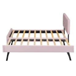 Lit 90x200 cm avec sommier à lattes et tiroir roulant, tête de lit capitonnée à boutons, tapissé velours rose><noscript><img width=