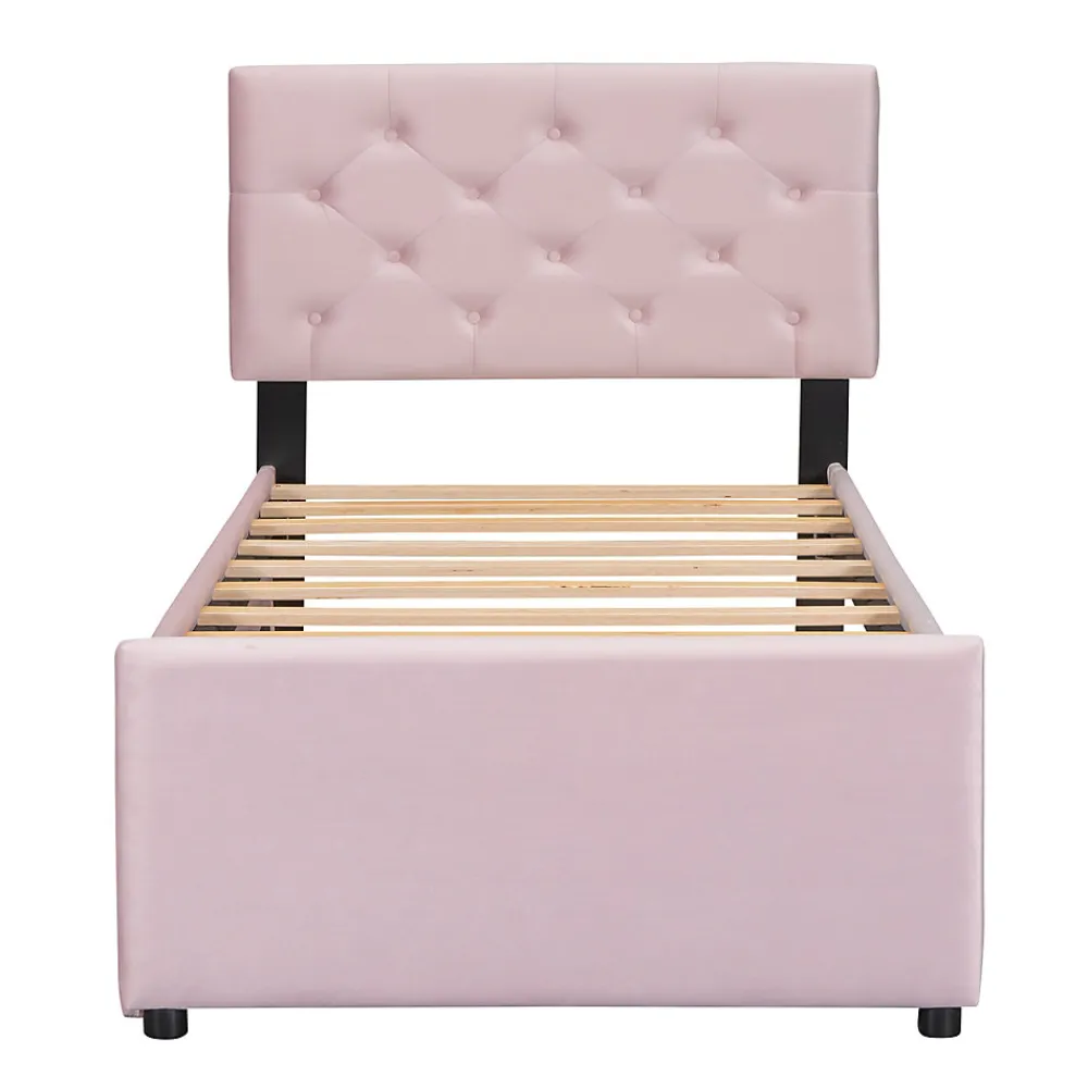 Lit 90x200 cm avec sommier à lattes et tiroir roulant, tête de lit capitonnée à boutons, tapissé velours rose>Redom Sale