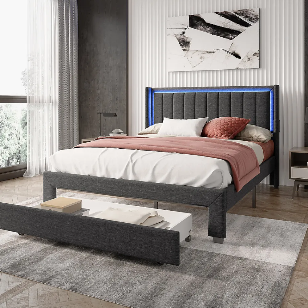 Lit 160x200 cm avec sommier à Lattes et tiroir, Lit rembourré avec USB et LED, Gris>Simple Life New