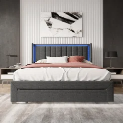 Lit 160x200 cm avec sommier à Lattes et tiroir, Lit rembourré avec USB et LED, Gris><noscript><img width=