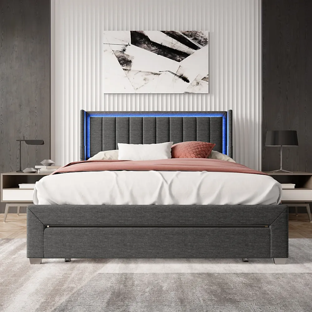 Lit 160x200 cm avec sommier à Lattes et tiroir, Lit rembourré avec USB et LED, Gris>Simple Life New
