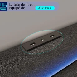 Lit 160x200 cm avec sommier à Lattes et tiroir, Lit rembourré avec USB et LED, Gris><noscript><img width=