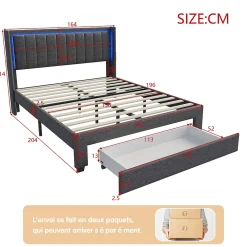 Lit 160x200 cm avec sommier à Lattes et tiroir, Lit rembourré avec USB et LED, Gris><noscript><img width=