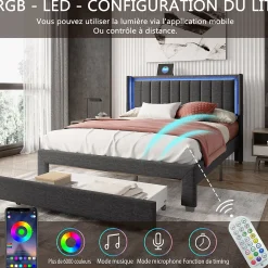 Lit 160x200 cm avec sommier à Lattes et tiroir, Lit rembourré avec USB et LED, Gris><noscript><img width=