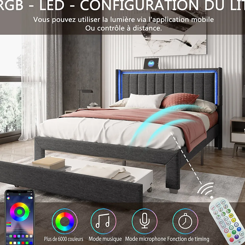 Lit 160x200 cm avec sommier à Lattes et tiroir, Lit rembourré avec USB et LED, Gris>Simple Life New