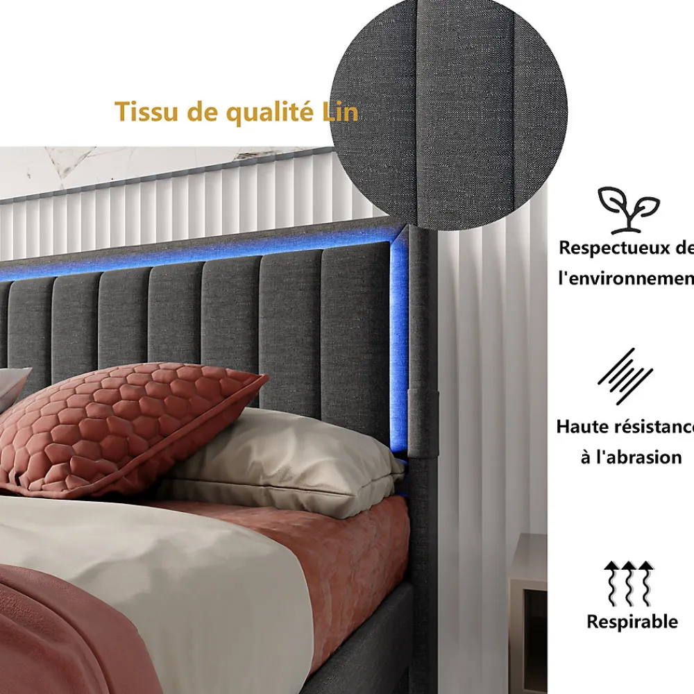 Lit 160x200 cm avec sommier à Lattes et tiroir, Lit rembourré avec USB et LED, Gris>Simple Life New