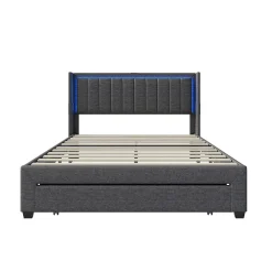 Lit 160x200 cm avec sommier à Lattes et tiroir, Lit rembourré avec USB et LED, Gris><noscript><img width=