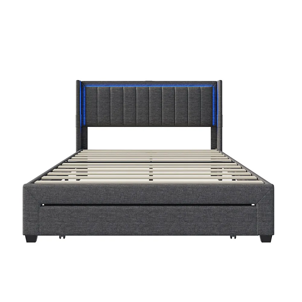 Lit 160x200 cm avec sommier à Lattes et tiroir, Lit rembourré avec USB et LED, Gris>Simple Life New