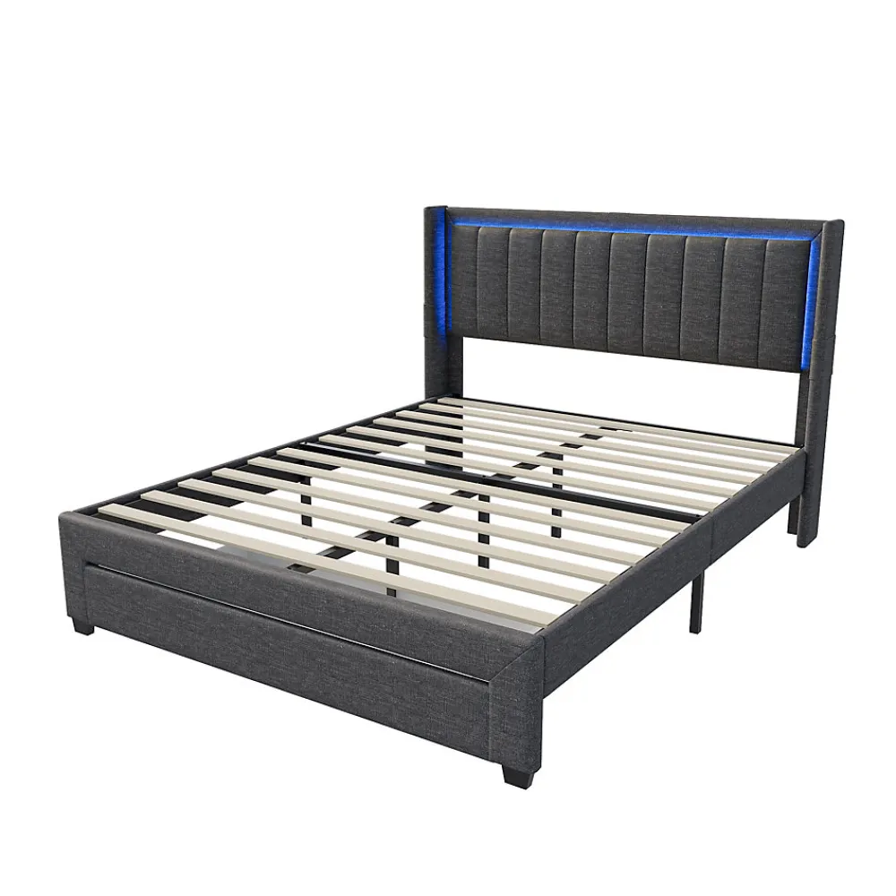 Lit 160x200 cm avec sommier à Lattes et tiroir, Lit rembourré avec USB et LED, Gris>Simple Life New