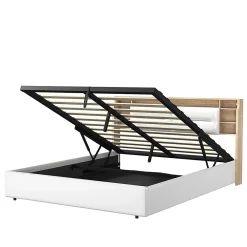 Lit 160x200 cm avec sommier à lattes, rangement LED, tête de lit 3 compartiments, polyuréthane blanc, fonction lift hydraulique.><noscript><img width=