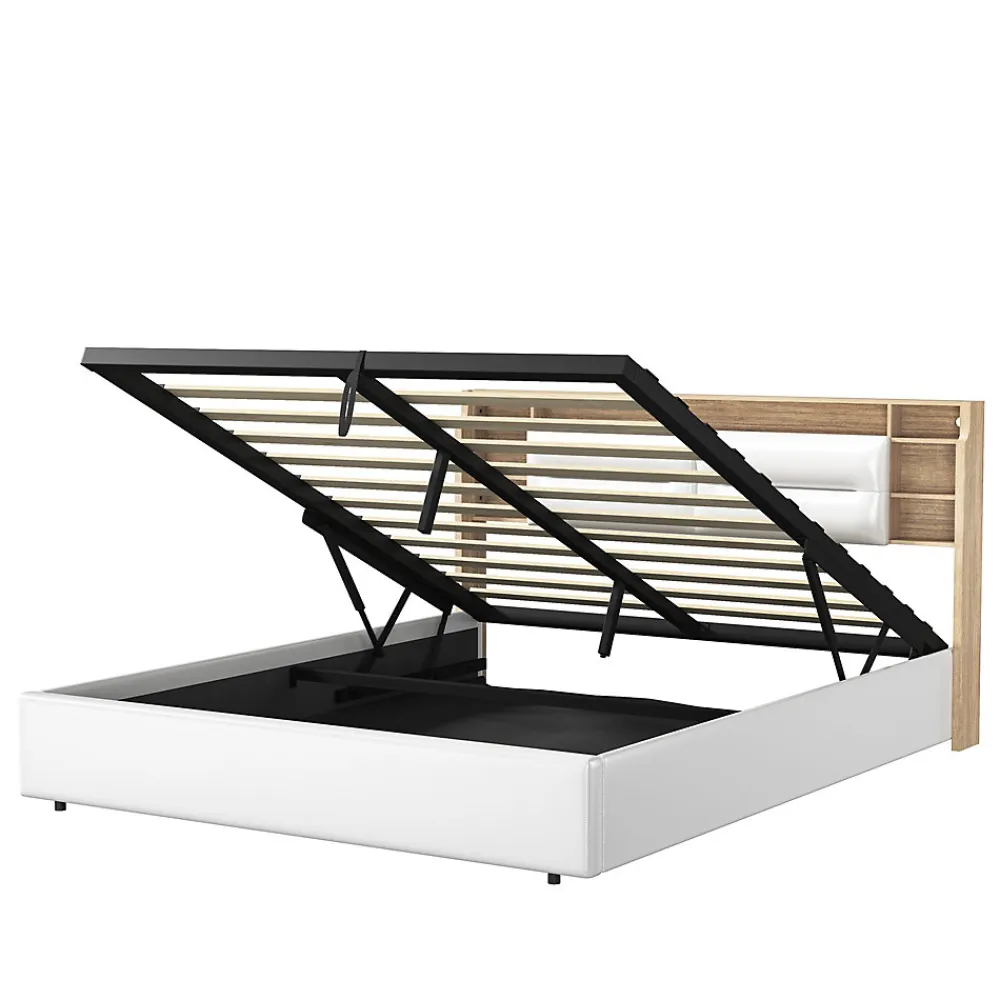 Lit 160x200 cm avec sommier à lattes, rangement LED, tête de lit 3 compartiments, polyuréthane blanc, fonction lift hydraulique.>Simple Life Online