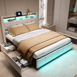 Simple Life Lit 140x190 cm avec sommier éclairage LED et USB, 4 tiroirs et tête de lit de Rangement, Lin, Beige* Lit Coffre