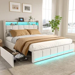 Simple Life Lit 140x190 cm avec sommier éclairage LED et USB, 4 tiroirs et tête de lit de Rangement, Lin, Beige* Lit Coffre
