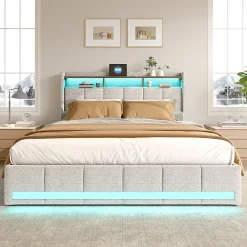 Simple Life Lit 140x190 cm avec sommier éclairage LED et USB, 4 tiroirs et tête de lit de Rangement, Lin, Beige* Lit Coffre