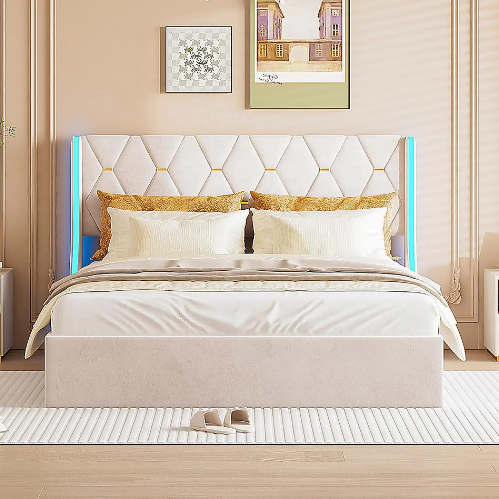 Lit 140x190 cm avec Sommier et LED, Lit Coffre 140x190 sommier à Lattes, Velours, Beige>Simple Life Outlet