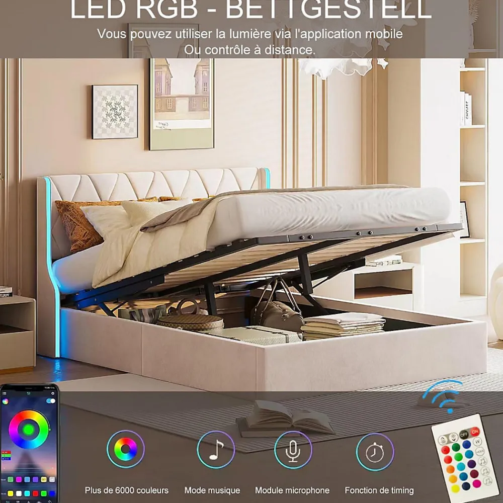 Lit 140x190 cm avec Sommier et LED, Lit Coffre 140x190 sommier à Lattes, Velours, Beige>Simple Life Outlet